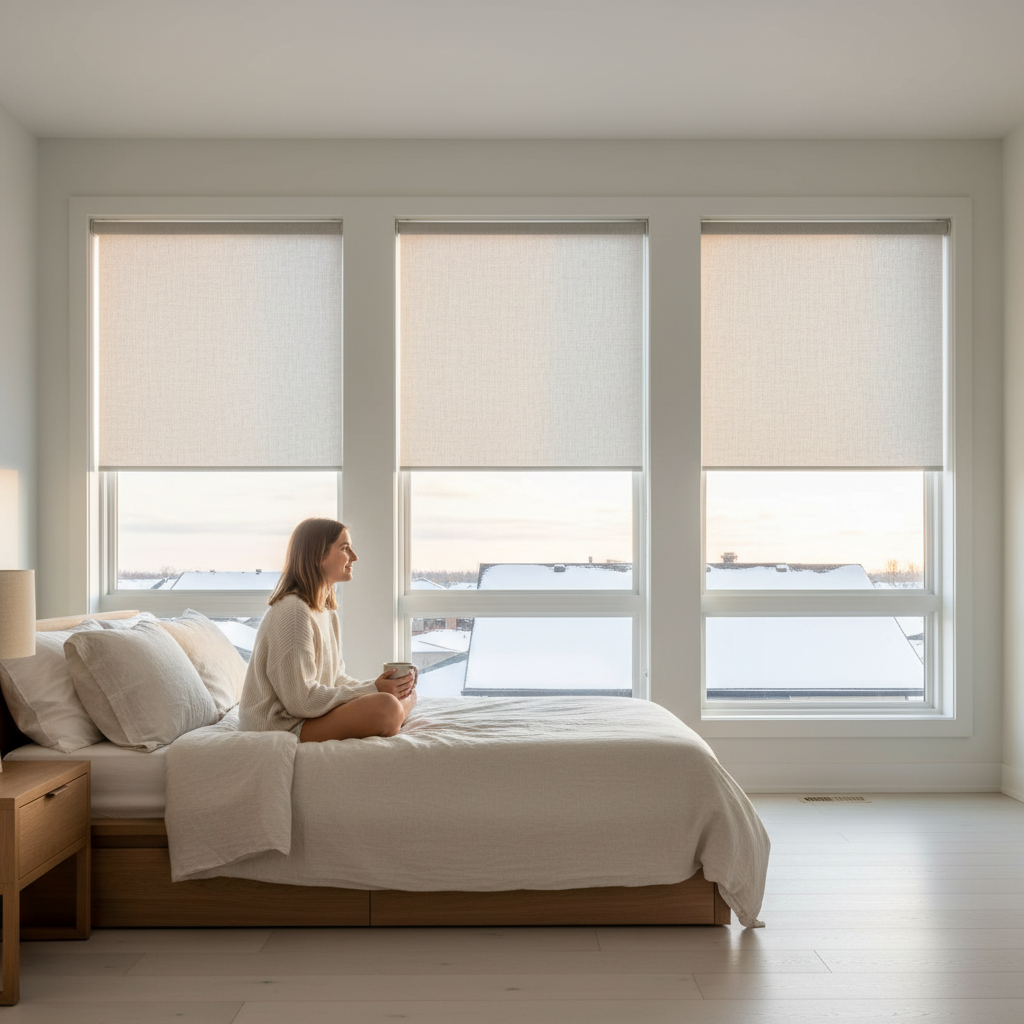 A Canadian primary suite with motorized shades opening to a winter sunrise