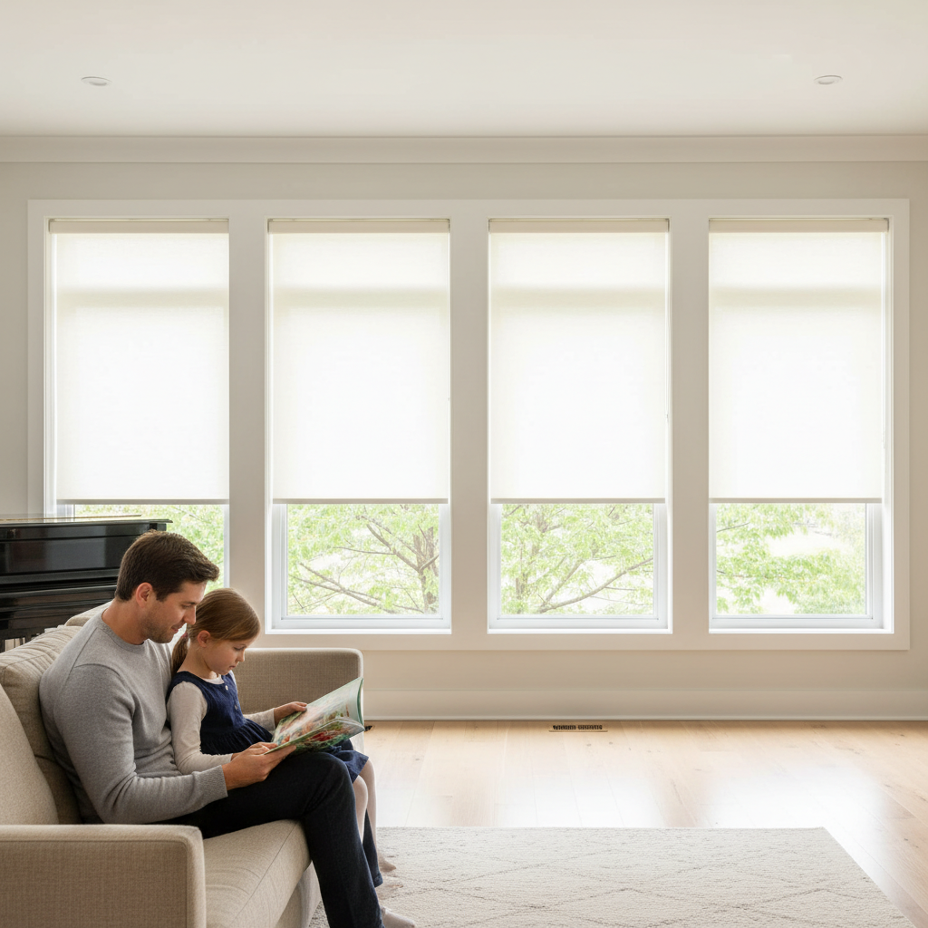 An integrator measuring tall windows for a whole-home motorized shade project