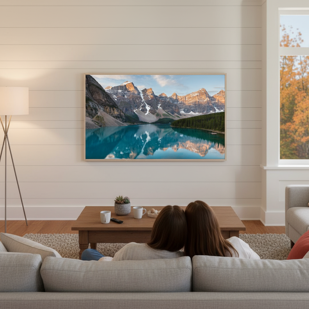 A couple enjoying a nature documentary on their Samsung Frame TV