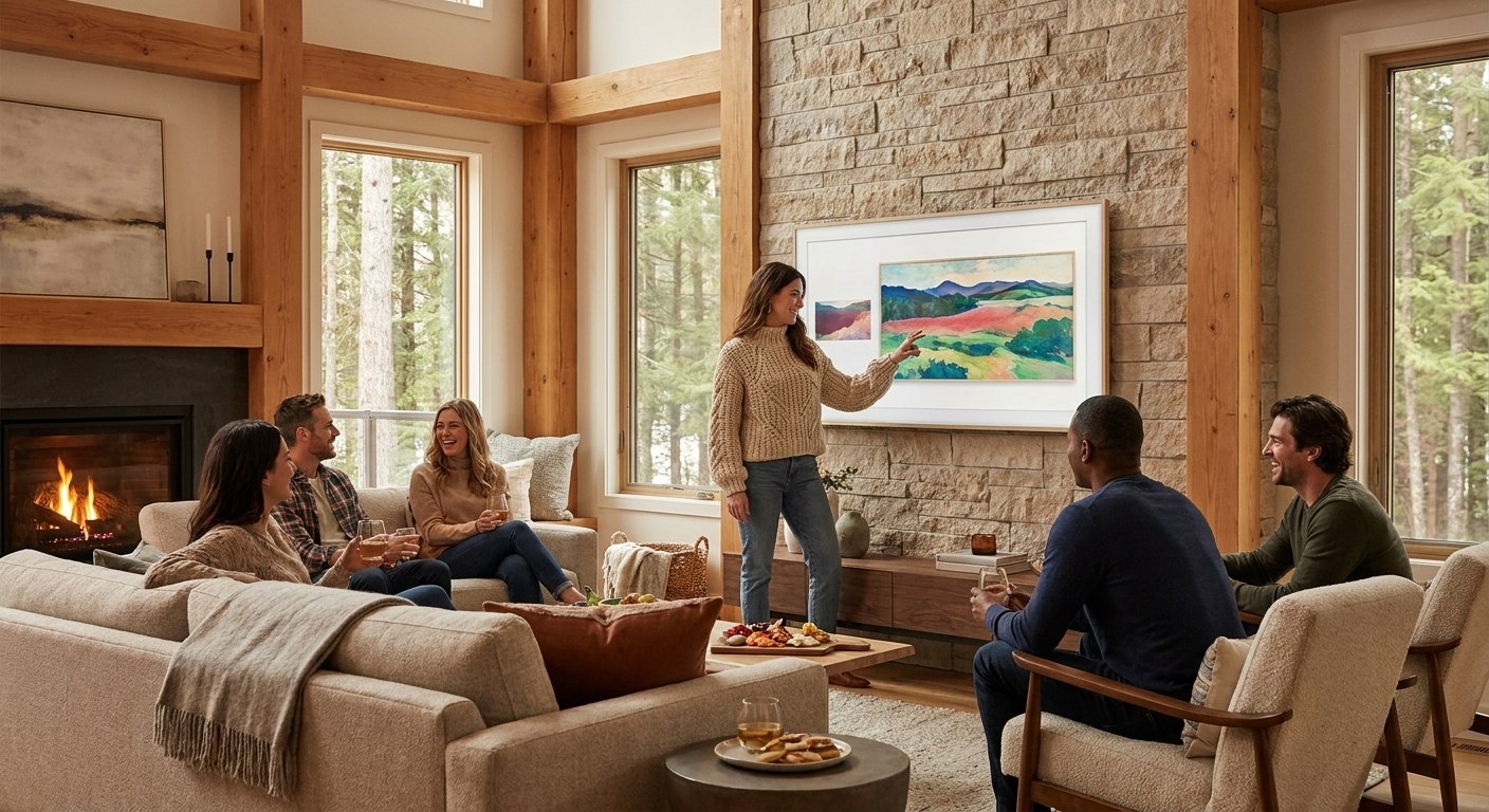Friends gathering around a Samsung Frame TV displaying art in a cabin-style living room