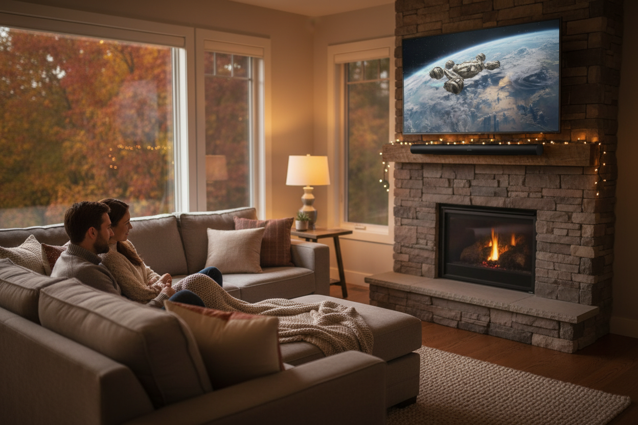A Canadian family great room with a soundbar beneath a wall-mounted TV, evening light