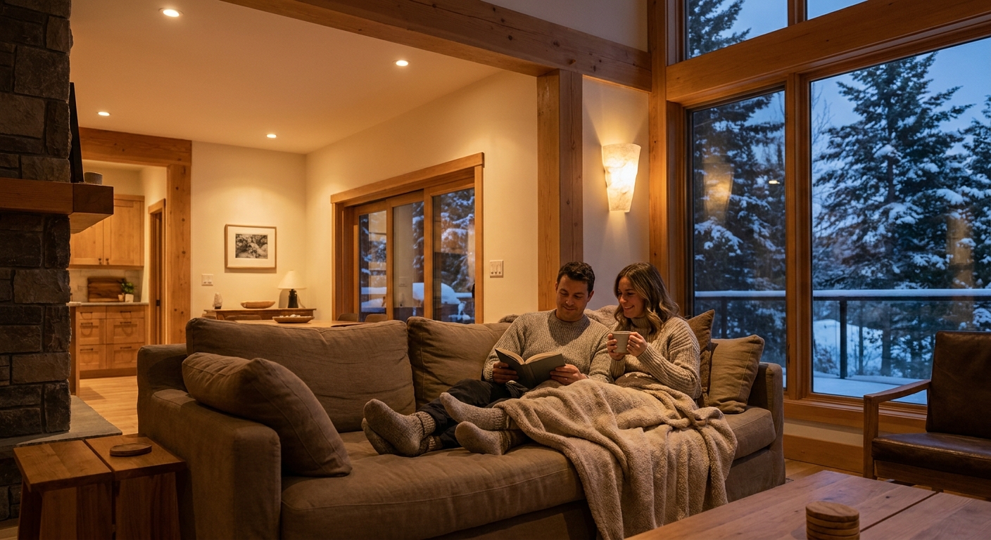 A couple enjoying a cozy evening with smart lighting control