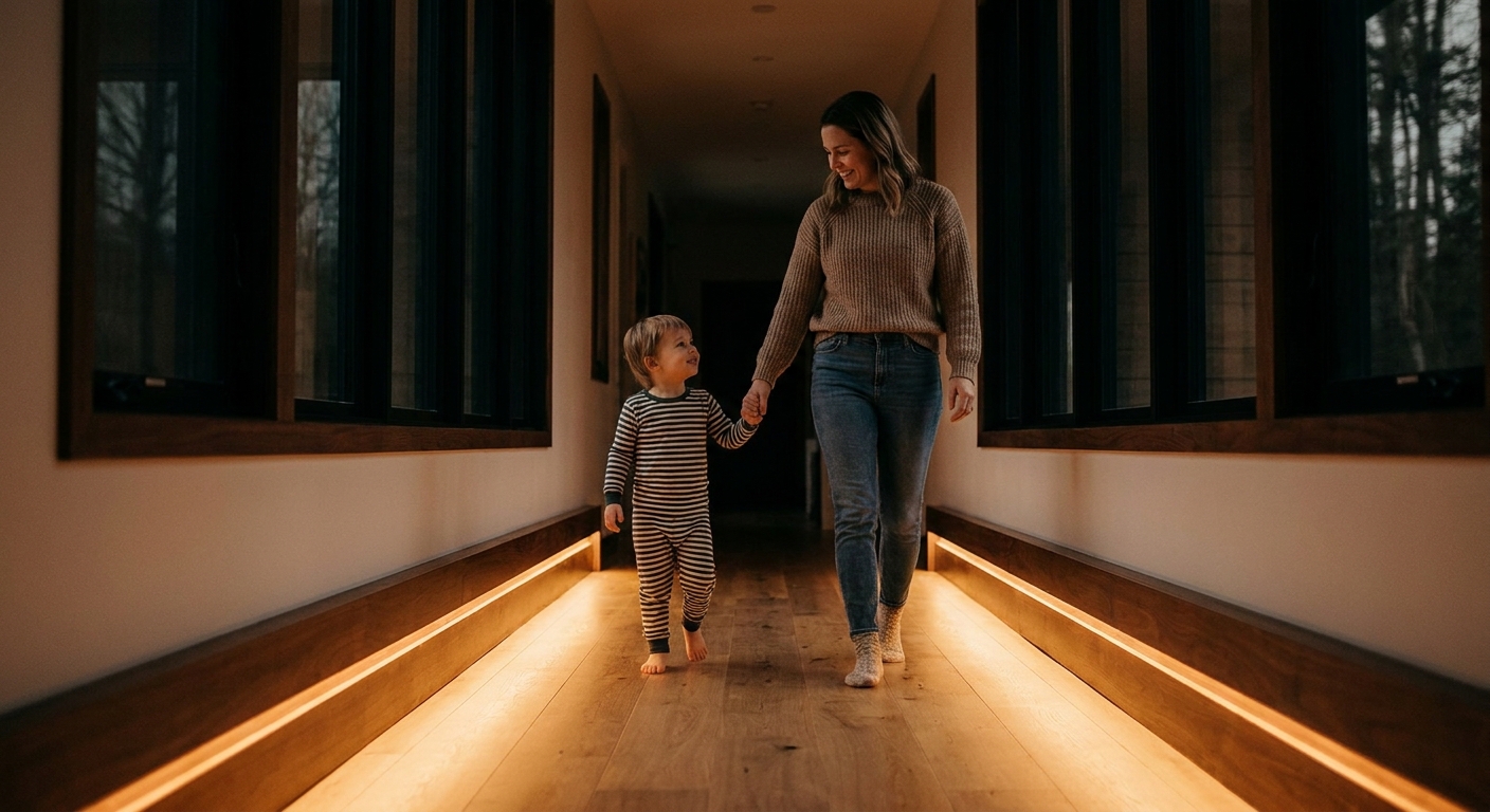 A parent and child walking through a softly lit hallway at night